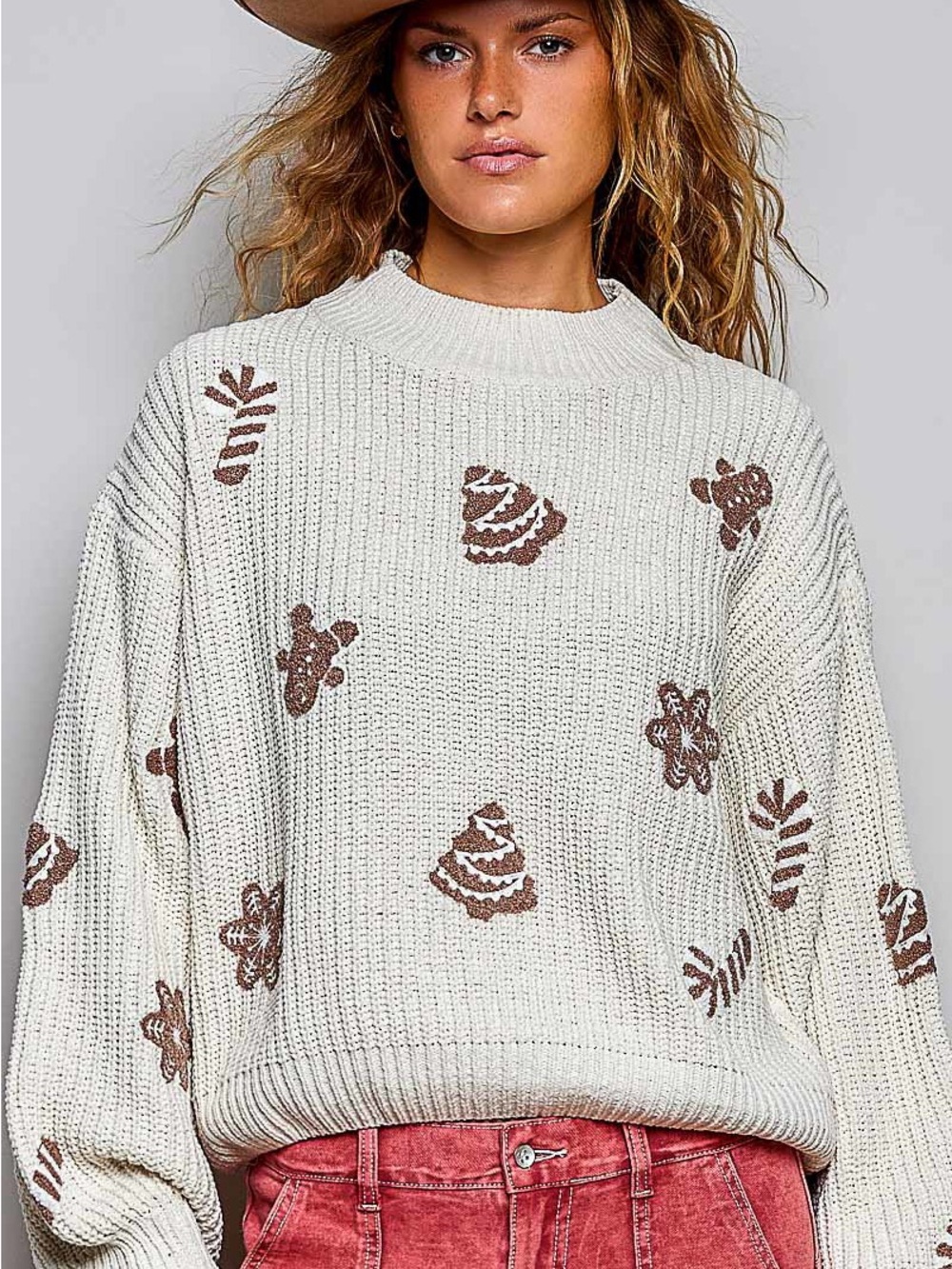 POL Cozy Cream Knit Sweater with Brown Holiday Cookie Motifs